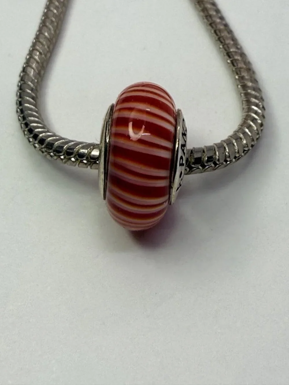 Pandora Sterling Silver Red & White Striped Murano Glass Charm